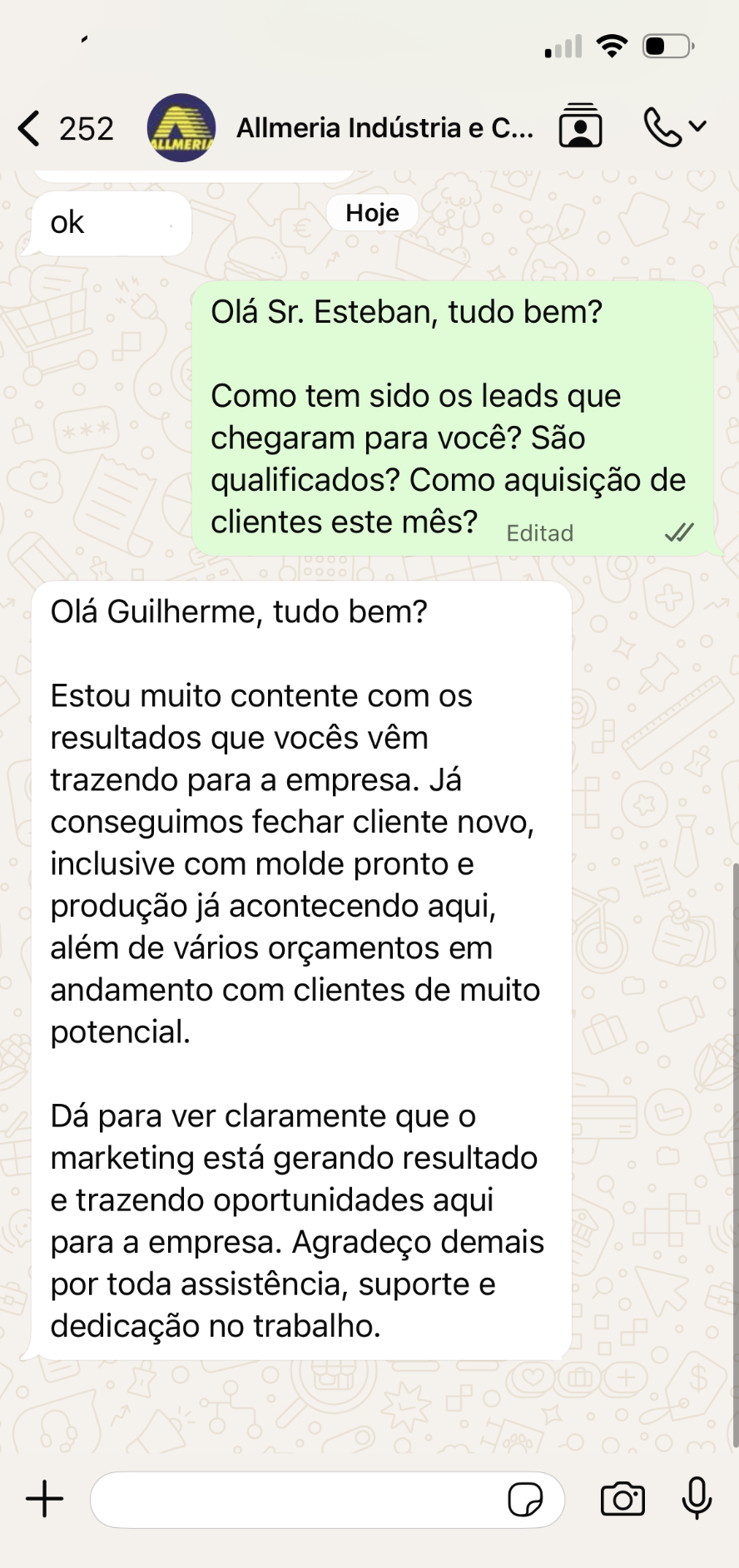 Print de conversa de WhatsApp com a Allmeria Indústria, agradecendo pelos resultados